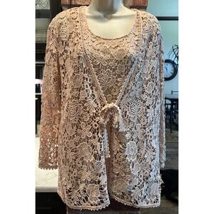 Chico's Crochet All Lace Womens Cardigan Jacket Tank Set Pink Size 1 Medium Boho